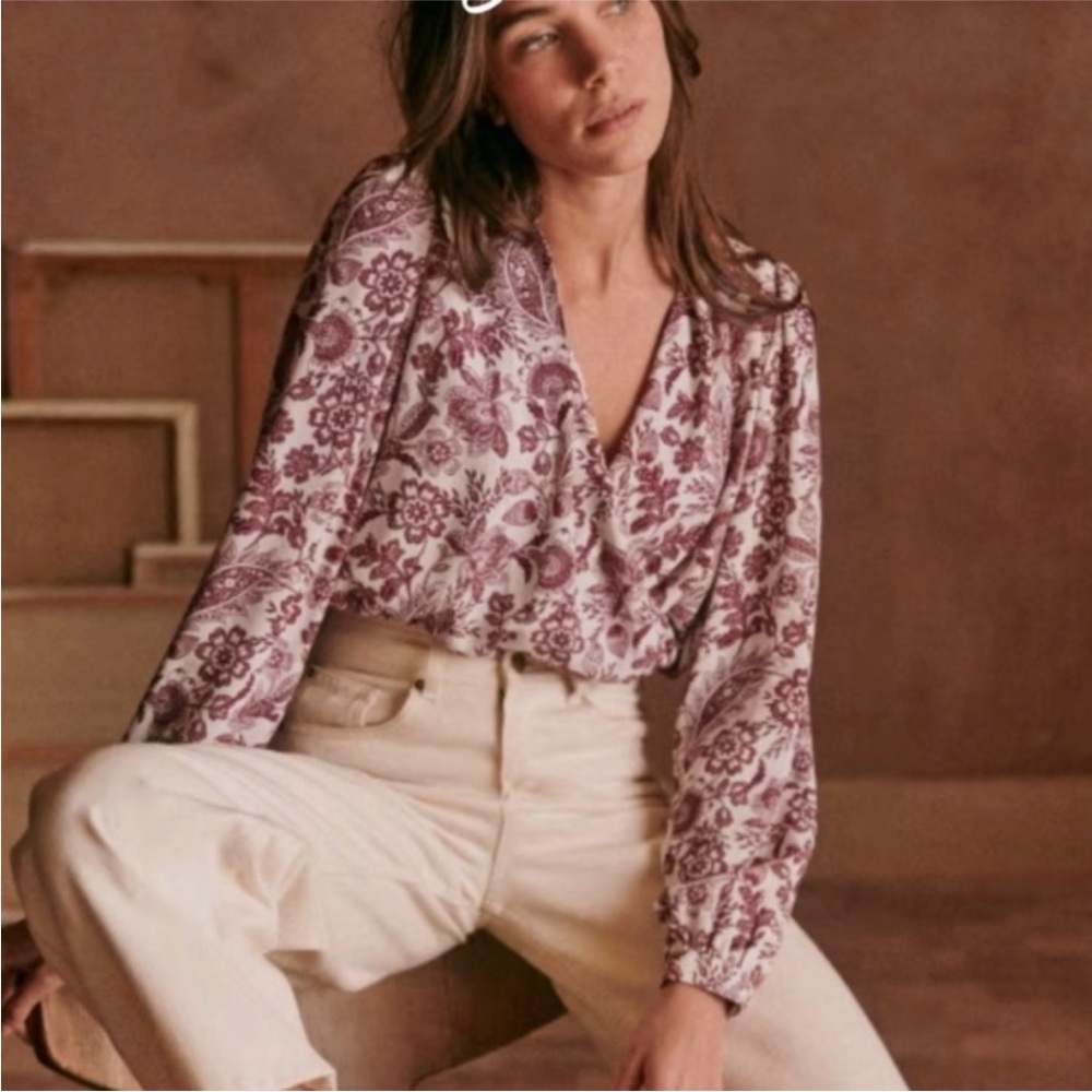 Sezane Floral Blouse - Burgundy and White